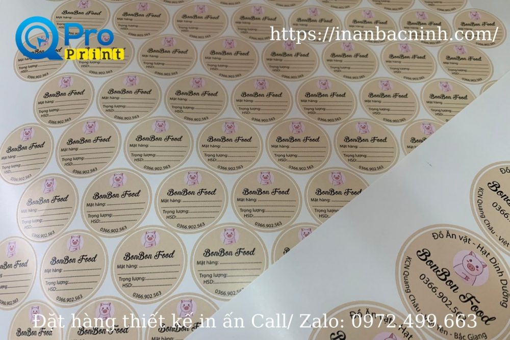 In tem dán tròn cửa hàng đồ ăn vặt hạt dinh dưỡng Bonbon Food - In ấn Bắc Ninh