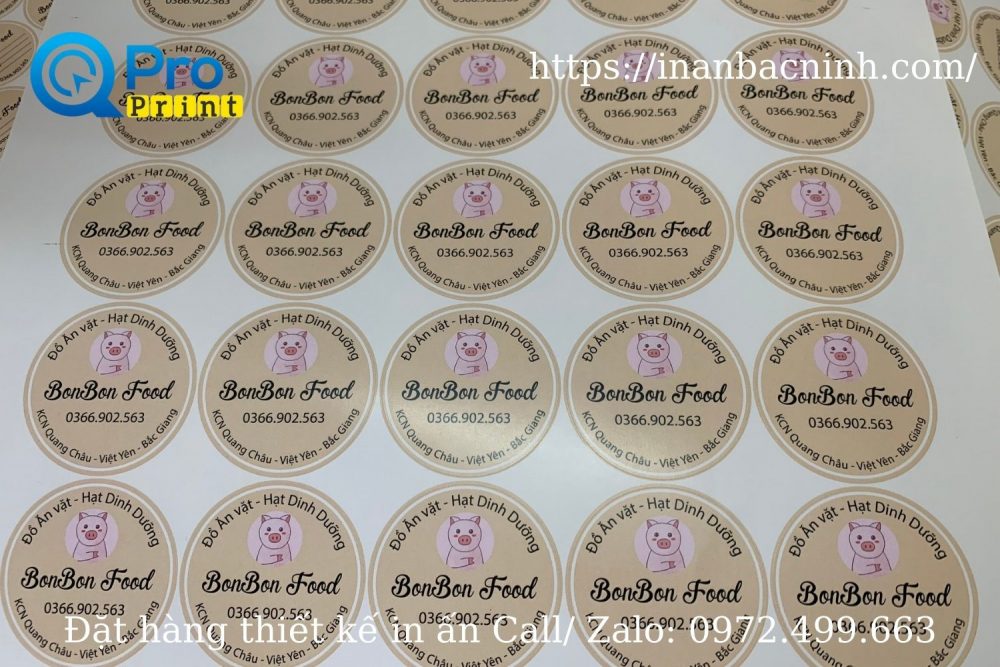 In tem giấy dán tròn cửa hàng đồ ăn vặt Bonbon Food - In ấn Bắc Ninh
