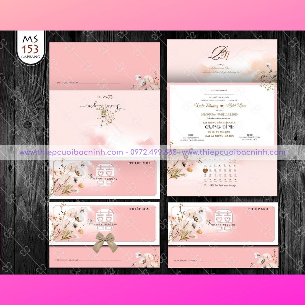 Thiệp cươi màu đỏ nhạt mã MS OP200 153 gấp pano - thiệp cưới Bắc Ninh 0972499663
