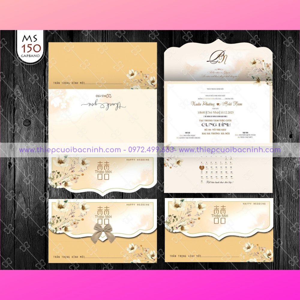 Thiệp cưới màu vàng mã MS OP200 150 gấp pano - thiệp cưới Bắc Ninh 0972499663
