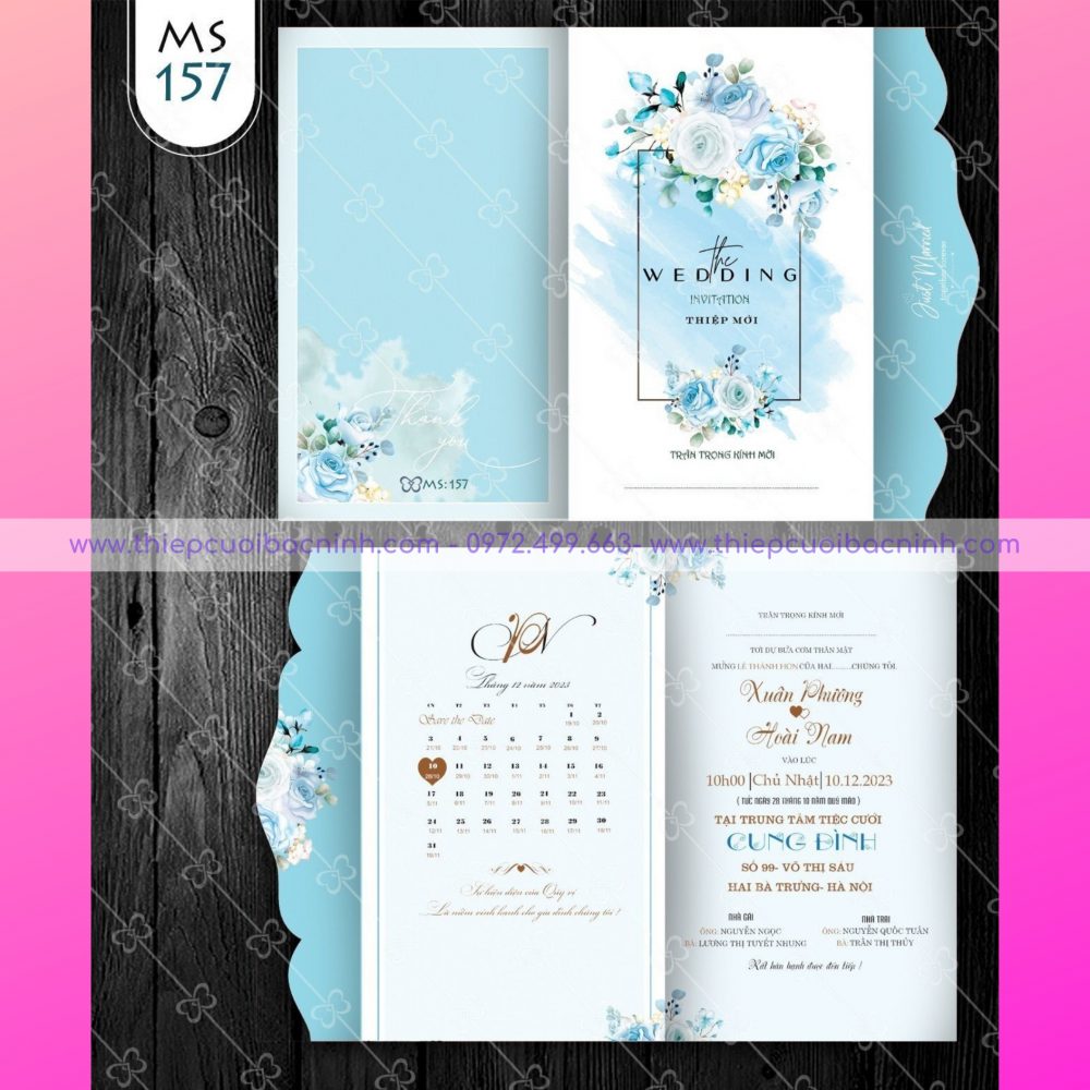 Thiệp cươi màu xanh trời nền mã MS OP200 157 - thiệp cưới Bắc Ninh 0972499663